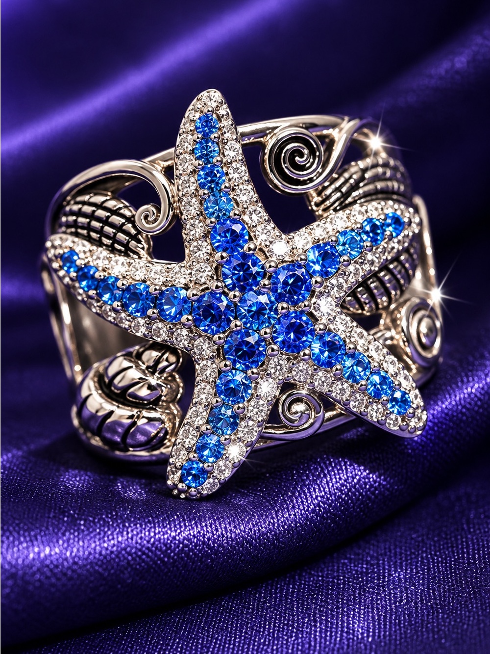 Blue Starfish Crystal Statement Ring - Women Jewelry